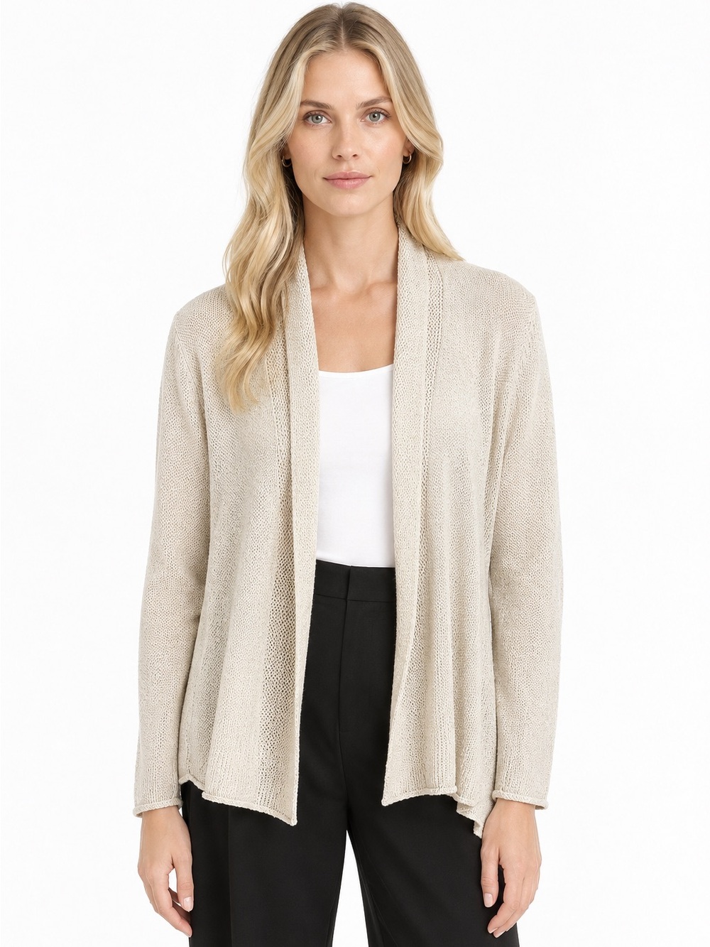 Eileen Fisher Cardigan Size Large Silk Blend Knit Open Front Neutral Cream Beige